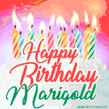 Bright birthday candles with rainbow flames on a cake, alongside the text 'Happy Birthday Marigold' in vibrant script in this celebratory animated GIF.