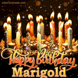 A glowing personalized birthday GIF with name Marigold featuring lit candles with intricate designs, warm lighting, and the text 'Happy Birthday' in an elegant font.