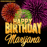 A golden 'Happy Birthday Marijana' message with vibrant fireworks in the background, creating a festive and celebratory vibe in this animated name GIF.