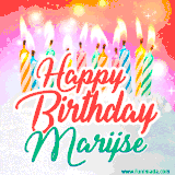 Bright birthday candles with rainbow flames on a cake, alongside the text 'Happy Birthday Marijse' in vibrant script in this celebratory animated GIF.