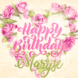 A stunning heart made of pink roses surrounds the elegant script text 'Happy Birthday Marijse' on a soft beige background. Animated sparkles add a magical and festive feel.