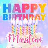 A vibrant animated name GIF with the words 'Happy Birthday Marilene' with colorful candles on a creamy cake. The background sparkles with pastel shades, adding a festive touch.