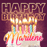 A colorful birthday cake topped with lit candles, with the words 'Happy Birthday Marilene' in bold glowing letters on a burgundy background. Animated flames add a festive touch.