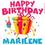 A vibrant and funny gift box character with a happy face dancing with a cupcake and the text 'Happy Birthday Marilene,' surrounded by animated confetti and party vibes.