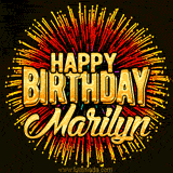 Golden 'Happy Birthday Marilyn' text accompanied by animated rainbow fireworks for a festive animated greeting.