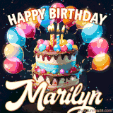 Bright birthday animation for Marilyn with a chocolate cake, candles, balloons, and glowing celebratory lights.