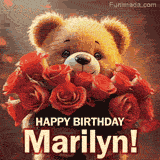 Cinematic style cute animated teddy bear with charming features holding a large bouquet of red roses, the words say 'Happy Birthday Marilyn' in sans serif font.