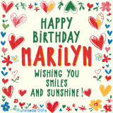 A colorful animated card for Marilyn’s birthday featuring playful hearts, cheerful flowers, and a handwritten message wishing smiles and sunshine.