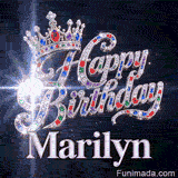 Custom birthday GIF for Marilyn showing glittering diamond-encrusted letters and a royal crown on a dark starry background.