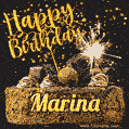 Celebrate Marina's birthday with a GIF featuring chocolate cake, a lit sparkler, and golden stars