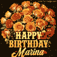 Beautiful bouquet of orange and red roses for Marina, golden inscription and twinkling stars