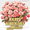Birthday wishes to Marina with a charming GIF featuring pink roses, butterflies and golden quote