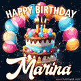 Hand-drawn happy birthday cake adorned with an arch of colorful balloons - name GIF for Marina