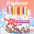 Personalized for Marina elegant birthday cake adorned with rainbow sprinkles, colorful candles and glitter