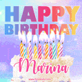 Animated Happy Birthday Cake with Name Marina and Burning Candles