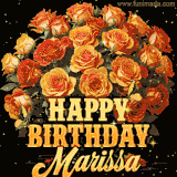 Animated bouquet of orange roses with moving butterfles and golden 'Happy Birthday Marissa' text, surrounded by sparkling accents and a dark backdrop for a luxurious feel.