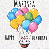 An adorable and cute cupcake with a smiley face and moving colorful balloons create a joyful birthday greeting for Marissa in this cheerful animated greeting E-card.