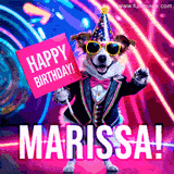 Animated GIF of a cool dog wearing a suit and sunglasses, holding a 'Happy Birthday' sign for Marissa, set against a bright and colorful neon party background.
