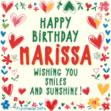 A colorful animated card for Marissa’s birthday featuring playful hearts, cheerful flowers, and a handwritten message wishing smiles and sunshine.