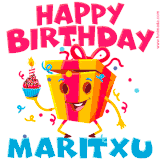 A vibrant and funny gift box character with a happy face dancing with a cupcake and the text 'Happy Birthday Maritxu,' surrounded by animated confetti and party vibes.
