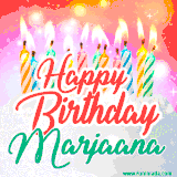 Bright birthday candles with rainbow flames on a cake, alongside the text 'Happy Birthday Marjaana' in vibrant script in this celebratory animated GIF.