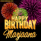 A golden 'Happy Birthday Marjaana' message with vibrant fireworks in the background, creating a festive and celebratory vibe in this animated name GIF.