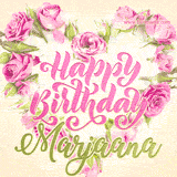 A stunning heart made of pink roses surrounds the elegant script text 'Happy Birthday Marjaana' on a soft beige background. Animated sparkles add a magical and festive feel.