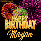A golden 'Happy Birthday Marjan' message with vibrant fireworks in the background, creating a festive and celebratory vibe in this animated name GIF.