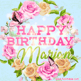 A charming animated GIF featuring 'Happy Birthday Marjan' in pink and green text, surrounded by delicate roses, leaves, and fluttering butterflies on a soft light blue pastel background.