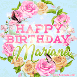 A charming animated GIF featuring 'Happy Birthday Marjana' in pink and green text, surrounded by delicate roses, leaves, and fluttering butterflies on a soft light blue pastel background.