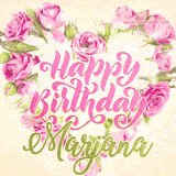 A stunning heart made of pink roses surrounds the elegant script text 'Happy Birthday Marjana' on a soft beige background. Animated sparkles add a magical and festive feel.