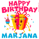 A vibrant and funny gift box character with a happy face dancing with a cupcake and the text 'Happy Birthday Marjana,' surrounded by animated confetti and party vibes.