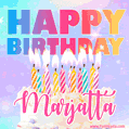 Animated Happy Birthday Cake with Name Marjatta and Burning Candles
