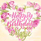 A stunning heart made of pink roses surrounds the elegant script text 'Happy Birthday Marje' on a soft beige background. Animated sparkles add a magical and festive feel.