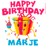 A vibrant and funny gift box character with a happy face dancing with a cupcake and the text 'Happy Birthday Marje,' surrounded by animated confetti and party vibes.