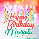 Bright birthday candles with rainbow flames on a cake, alongside the text 'Happy Birthday Marjeta' in vibrant script in this celebratory animated GIF.