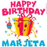 A vibrant and funny gift box character with a happy face dancing with a cupcake and the text 'Happy Birthday Marjeta,' surrounded by animated confetti and party vibes.