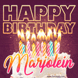 A colorful birthday cake topped with lit candles, with the words 'Happy Birthday Marjolein' in bold glowing letters on a burgundy background. Animated flames add a festive touch.