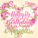 A stunning heart made of pink roses surrounds the elegant script text 'Happy Birthday Marjolein' on a soft beige background. Animated sparkles add a magical and festive feel.