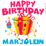 A vibrant and funny gift box character with a happy face dancing with a cupcake and the text 'Happy Birthday Marjolein,' surrounded by animated confetti and party vibes.