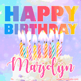A vibrant animated name GIF with the words 'Happy Birthday Marjolijn' with colorful candles on a creamy cake. The background sparkles with pastel shades, adding a festive touch.