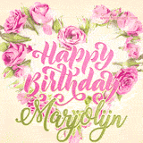A stunning heart made of pink roses surrounds the elegant script text 'Happy Birthday Marjolijn' on a soft beige background. Animated sparkles add a magical and festive feel.