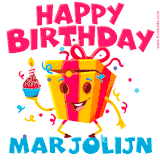 A vibrant and funny gift box character with a happy face dancing with a cupcake and the text 'Happy Birthday Marjolijn,' surrounded by animated confetti and party vibes.
