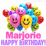 Animated colorful and joyful birthday balloons with cheerful smiles and a bright 'Happy Birthday Marjorie!' message in pink and purple.