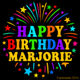 Personalized greeting card with name, colorful text that says 'Happy Birthday Marjorie' surrounded by animated fireworks and multicolor stars