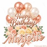 Animated Happy Birthday Marjorie greeting card with moving balloons and roses