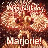Bold red and white lettering spelling Marjorie under a luxury red present decorated with shiny balloons.