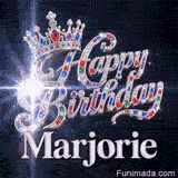 A brilliant white lens flare bursting from a diamond-encrusted Happy Birthday message with Marjorie's name at the bottom.
