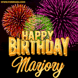 A golden 'Happy Birthday Marjory' message with vibrant fireworks in the background, creating a festive and celebratory vibe in this animated name GIF.