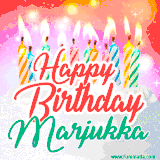 Bright birthday candles with rainbow flames on a cake, alongside the text 'Happy Birthday Marjukka' in vibrant script in this celebratory animated GIF.